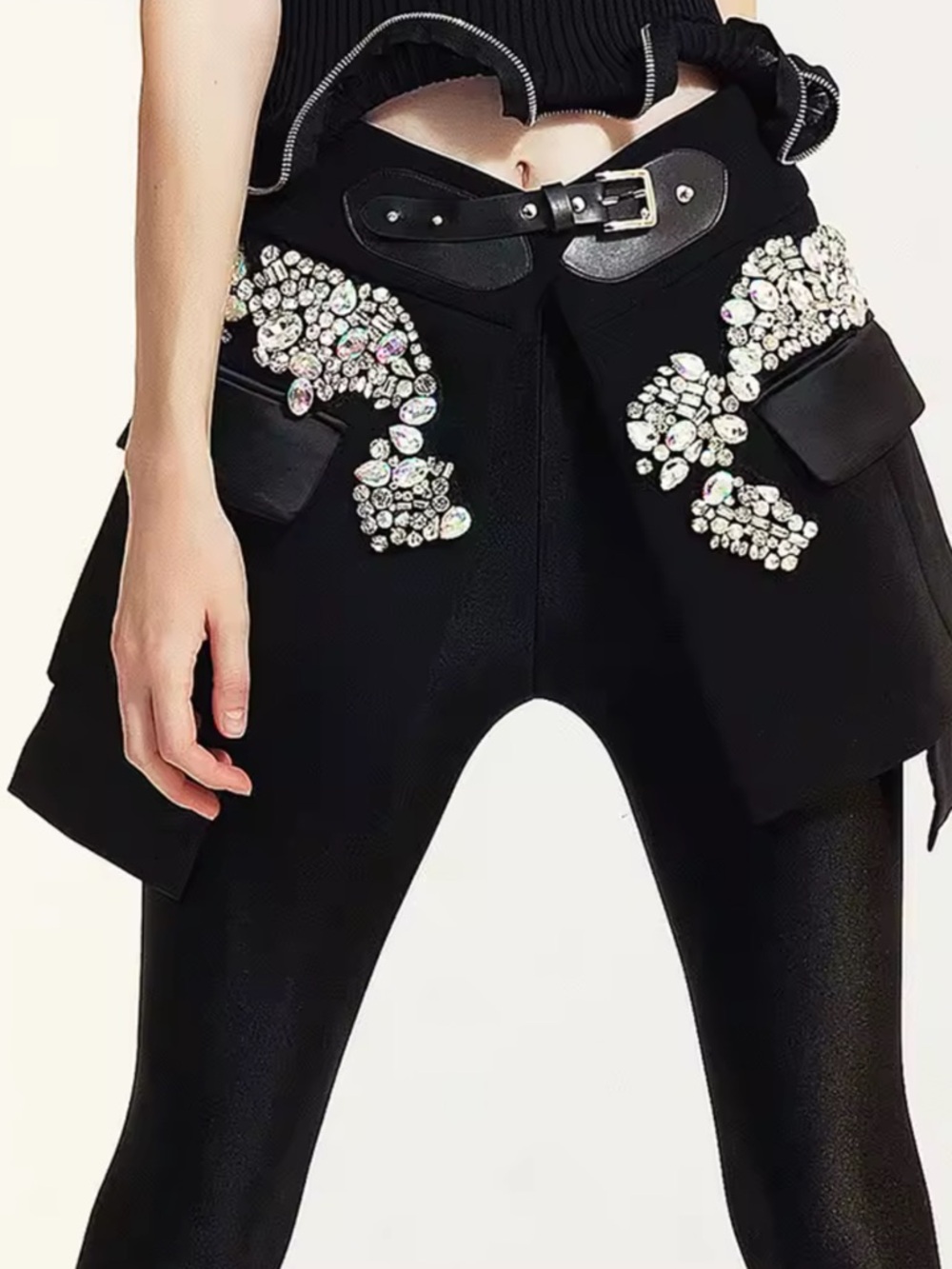 Embellished Black Cargo-Style High-Waist Pants